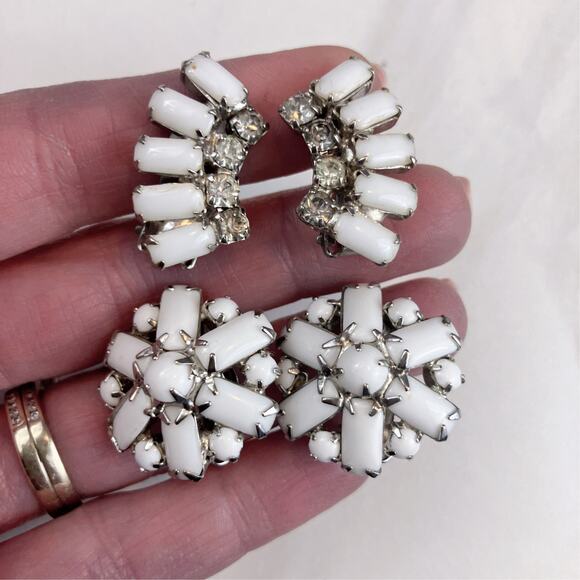 VTG Milk Glass, Rhinestone Clip-On Earrings 1950s Mid-Century Lot of 2 Pairs - Picture 2 of 7